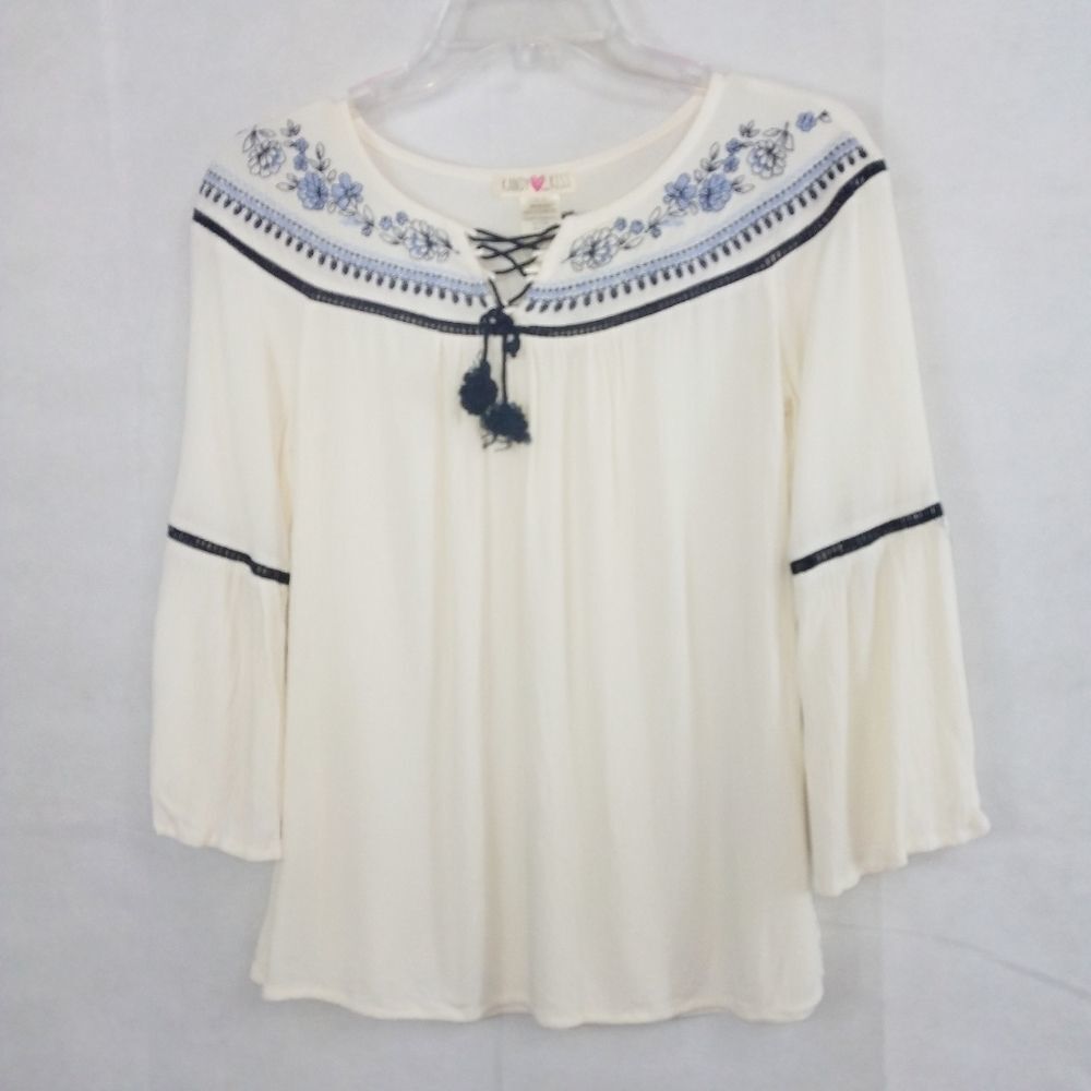 Kandy Kiss Boho Peasant Top White W/ Blue sz L